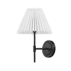 Clarissa 9.5 in. 1-Light Matte Black Wall Sconce with White Pleated Fabric Shade