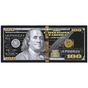 Riches 100 Dollar Bill Collection Non-Slip Rubberback Money 22x53 Money Rug, 22 in. x 53 in., Black/Gold