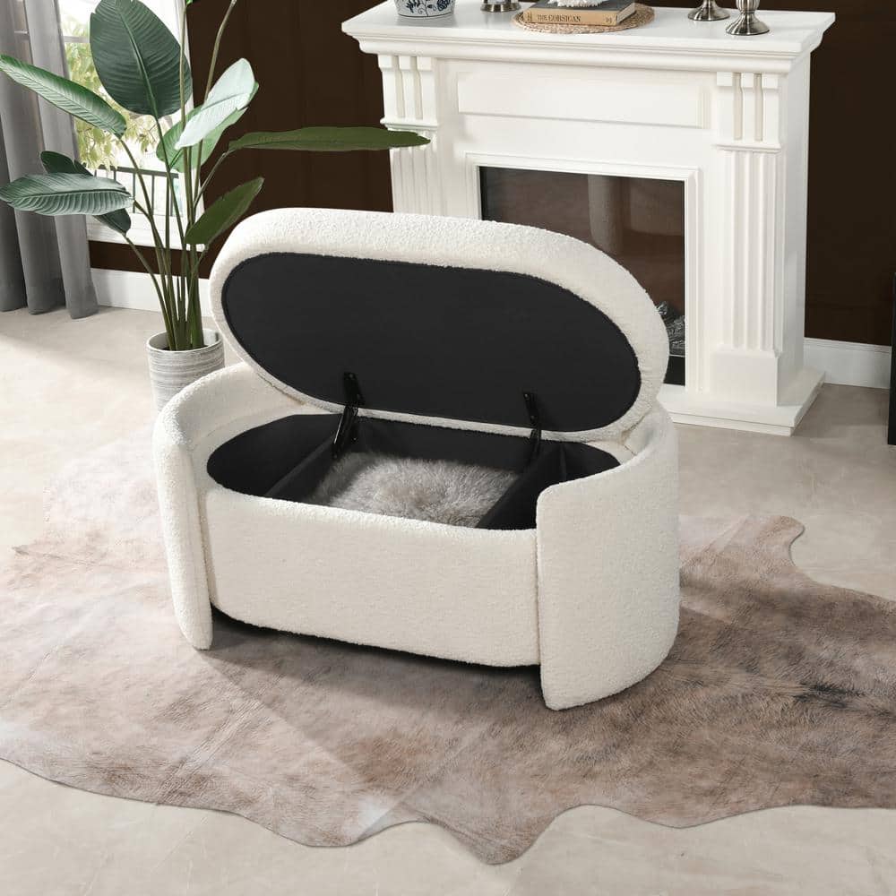 Modern Ivory White Boucle Oval Bedroom Storage Bench