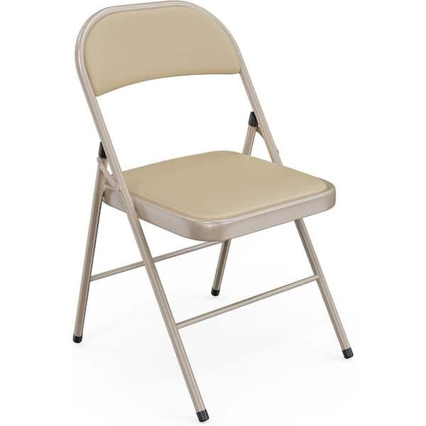 Khaki PVC Leather Seat Folding Chair with Padded Seat (Set of 1)