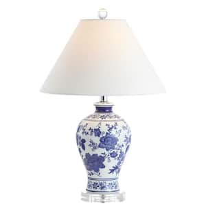 Song 21.5 in. Blue/White Ceramic/Crystal Chinoiserie Floral LED Table Lamp