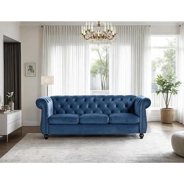Chesterfield 83 inch Wide Rolled Arm Velvet Modern Rectangle Sofa in. Dark Blue