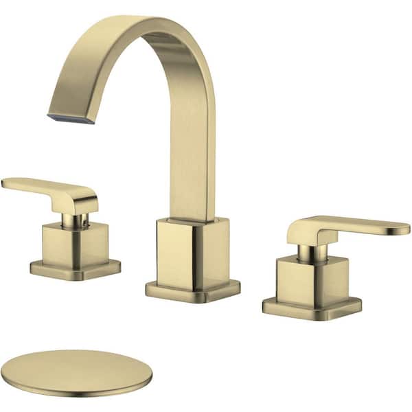 TRUSTMI Brass 2-Handle 8 in. Widespread Bathroom Faucet with Pop Up Drain Square Waterfall Basin Sink Faucet, Brushed Gold