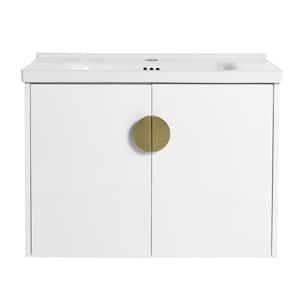 28 in White Wall-Mounted Plywood Bathroom Vanity with White Ceramic Sink & Soft-Close Cabinet Door