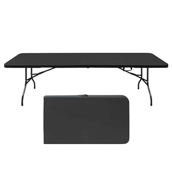 96 in. Black Rectangle Steel Folding Picnic Table, Portable Outdoor Camping Table with Plastic Top Seats 6 People