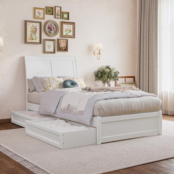 AFI Andorra White Solid Wood Frame Twin XL Platform Bed with Panel Footboard and Storage-Drawers