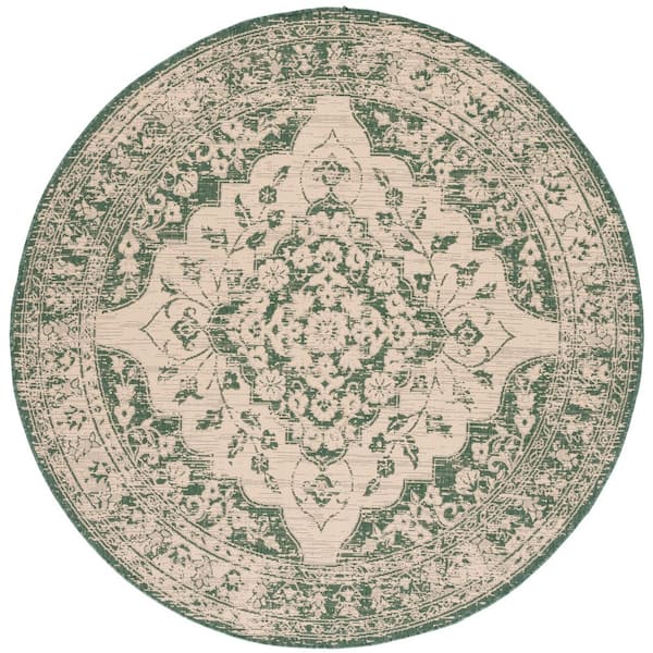 Courtyard Beige/Dark Green 7 ft. x 7 ft. Border Floral Medallion Indoor/Outdoor Round Area Rug