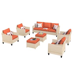 Athena Biege 7-Piece Wicker Outdoor Patio Conversation Seating Set with h Orange Red Cushions