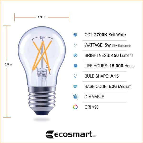 EcoSmart 40-Watt Equivalent A15 Dimmable ENERGY STAR Clear Glass Decorative  Filament Vintage LED Light Bulb Soft White (3-Pack) FG-04056 - The Home  Depot