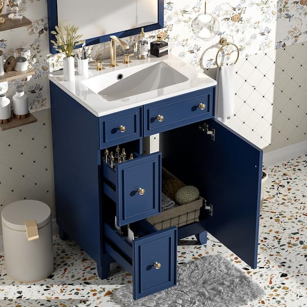 24 in. W x 18.3 in. D x 34.3 in. H Single Sink Freestanding Bath Vanity in Blue with White Ceramic Top