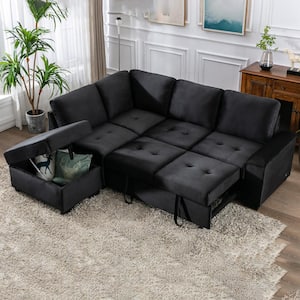 87.4 in. L-Shape Velvet Sectional Sofa in. Black 5-Seat Sofa Bed with 2-USB, Storage Ottoman and Hidden Storage Arm