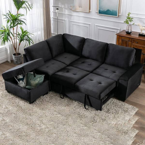 Pull Out Sofa Bed, Modern Tufted Convertible Sleeper Sofa, L Shaped Sofa  Couch with Storage Chaise, Chenille Sectional Couch Bed for Living Room  (Dark