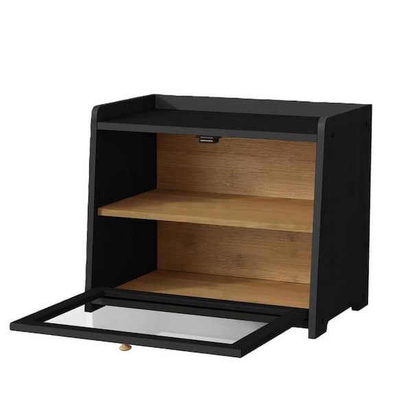 1 Piece Large Capacity Farmhouse Bread Box Black Wood Breadbox Organizer for Kitchen Counter Corner, Cabinet, Pantry