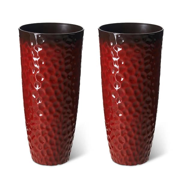 Glitzhome 31 in. H Oversized Eco-Friendly PP and Stone Honeycomb Textured Cobalt Red Tall Plastic Planter (Set of 2)