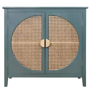 31.5 in. W x 14.96 in. D x 30.91 in. H Dark Green Linen Cabinet with Semicircular Elements, Natural Rattan Weaving