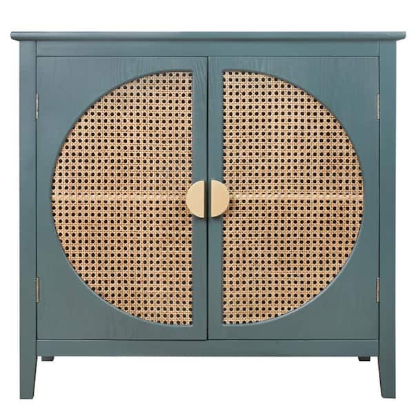 Unbranded 31.5 in. W x 14.96 in. D x 30.91 in. H Dark Green Linen Cabinet with Semicircular Elements, Natural Rattan Weaving
