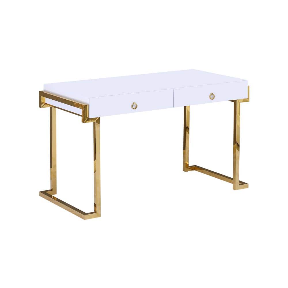 White Lacquered Poplar Wood Computer Desk with Gold Steel Legs