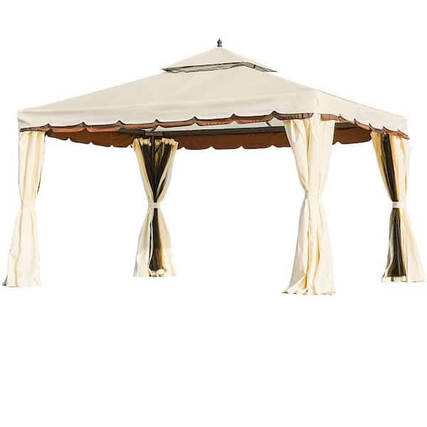 Unbranded 12 ft. x 10 ft. Outdoor Canopy Gazebo Double Roof Patio Steel Frame with Netting Shade Off-White