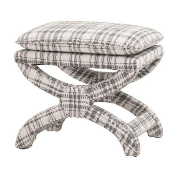 Benjara Gray and White Curved X Frame Plaid Plush Fabric Ottoman