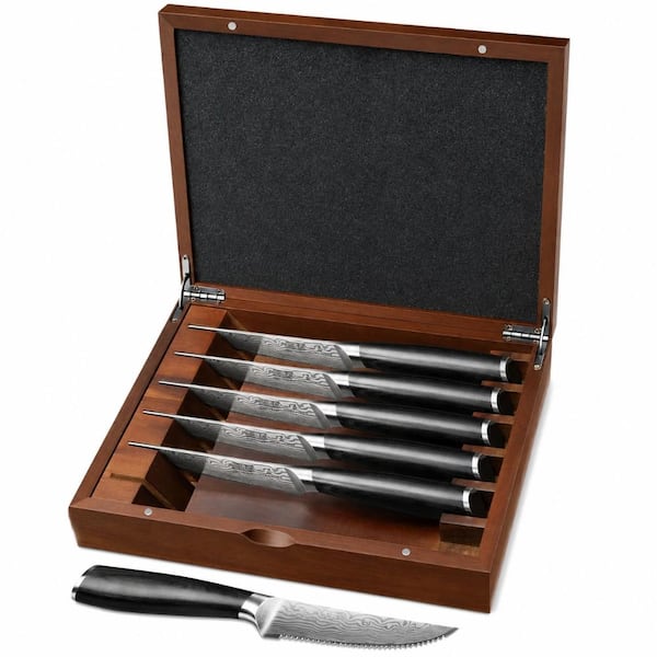 4.5 in. High Carbon Steel Serrated Steak Knife Set with Acacia Wood Block and Pakkawood Handle (6-Piece)