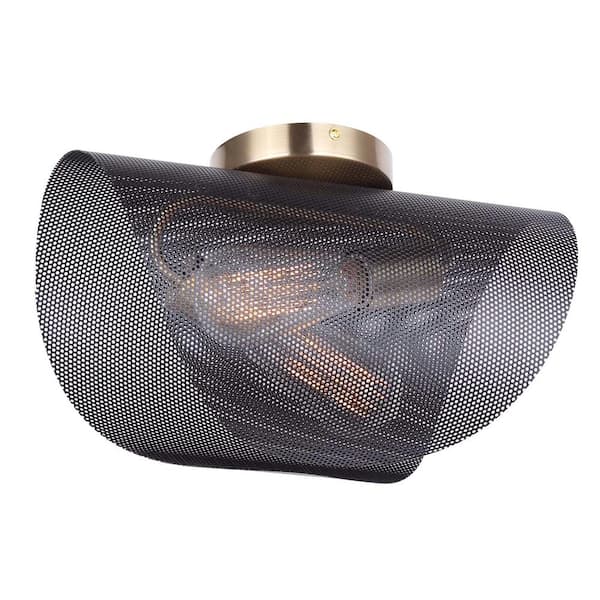 Huxlee 15 in. 2-Light 60-Watt Modern Matte Black and Gold Flush Mount with Black Mesh Shade