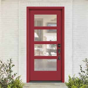 Performance Door System 36 in. x 80 in. VG 4-Lite Left-Hand Inswing Clear Red Smooth Fiberglass Prehung Front Door