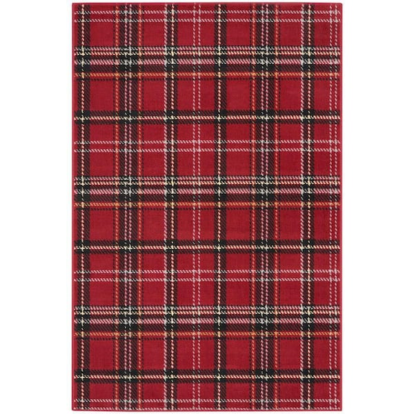 Grafix Red 3 ft. x 5 ft. Geometric Plaid Modern Kitchen Area Rug