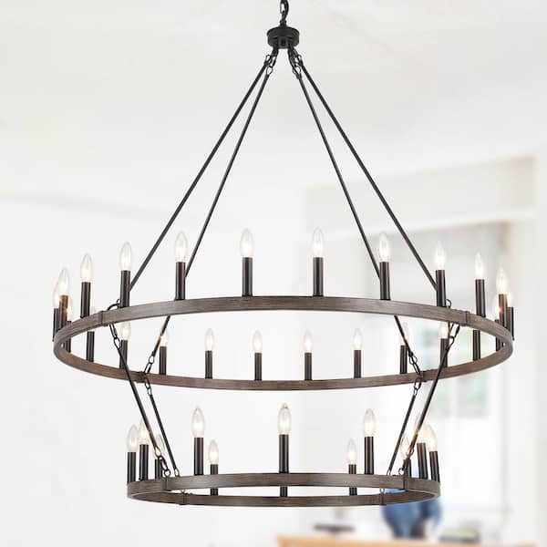 36-Light Farmhouse Natural Candle Design Wagon Wheel Chandelier 2-Tier Ceiling Light Fixture for Kitchen Island