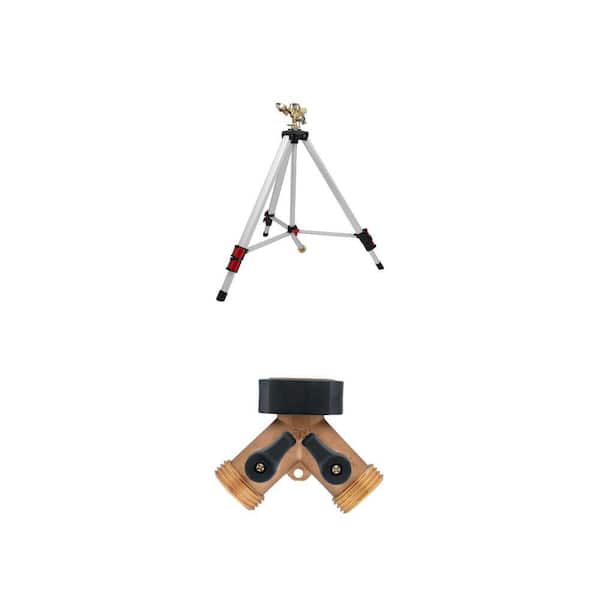 Metal Pulsating Sprinkler with Tripod and Heavy-Duty Brass 2-Way Shut-Off Hose Faucet Adapter Fitting
