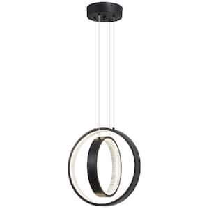 Modern 2-Light Dimmable Integrated LED Black Pendant Light Ring Chandelier Adjustable Height for Dining Room