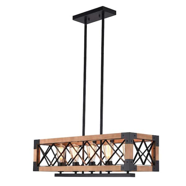 Sefinn Four 5-Light Bronze Rustic Modern Farmhouse Wood Pendant Linear Rectangular Chandelier with Wood Shades