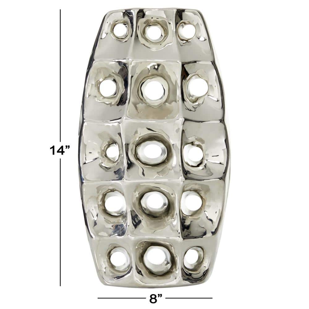 Sleek Silver Ceramic Table Vase with Geometric Cut-Outs 8" x 14"