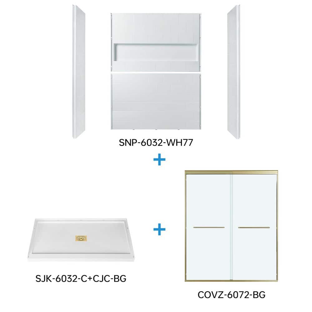 60 in. L x 32 in. w x 77 in. H Alcove Shower Stall/Kit with Wall and Center Drain Pan in White with Brushed Gold price history on PriceWatchPro