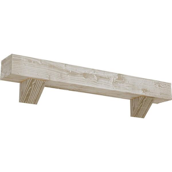 Ekena Millwork 4 in. x 4 in. x 3 ft. Sandblasted Faux Wood Fireplace Mantel Kit with Breckinridge Corbels, White Washed