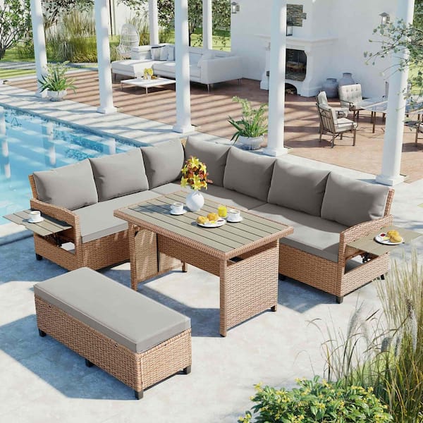 Unbranded 4-Piece Patio Rattan Sofa Set-PE Wicker Outdoor Sectional Set with Cushions ，Dining Table, and Washable Covers-Brown