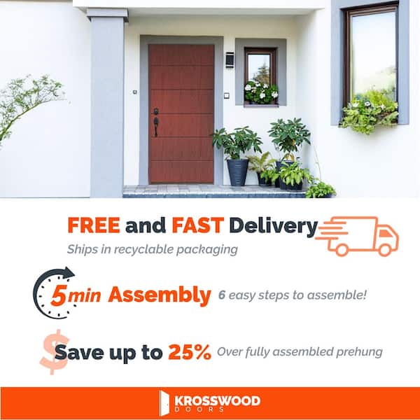 DIY Modern 36 in. x 79 in. Left-Hand 6-Grid Solid Panel Teak Stain Fiberglass Front Door Kit w/ Quick Assemble Jamb