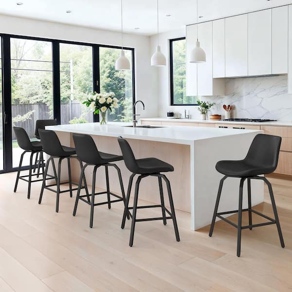 LUE BONA Dennis 37 in. Faux Leather Bar Stools Metal Frame With Upholstered Swivel Counter Height Bar Stools in Black (Set of 6)