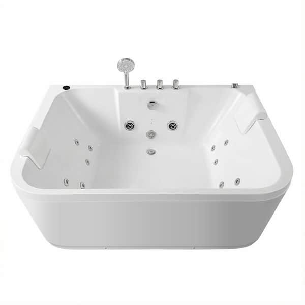 61.80 in. x 43.70 in. Whirlpool Acrylic Bathtub with Bottom Drain in Milk White, 16-Jets, Heater and LED Lights