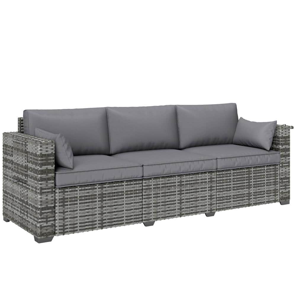 Wicker Outdoor Loveseat Couch with Gray Cushions and Pull Out Side Tray Tab