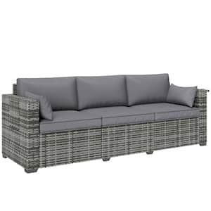 Wicker Outdoor Loveseat Couch with Gray Cushions and Pull Out Side Tray Table