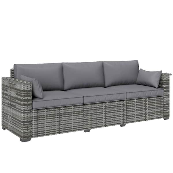 Wicker Outdoor Loveseat Couch with Gray Cushions and Pull Out Side Tray Table