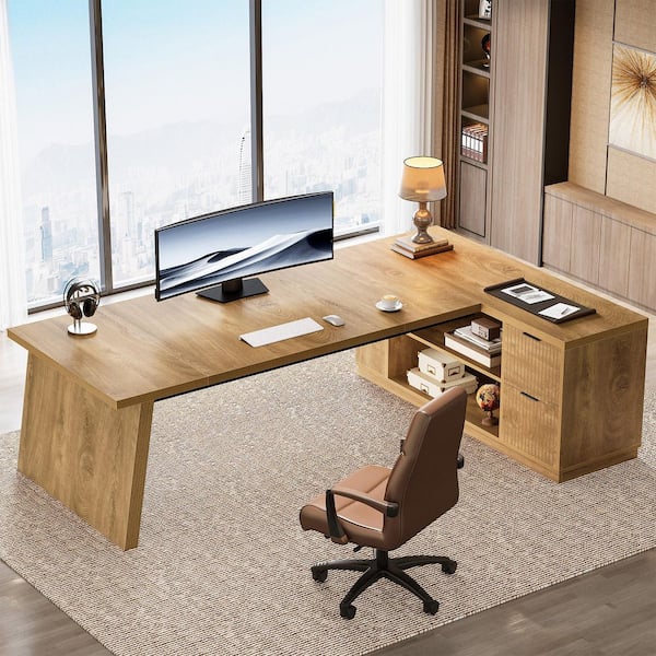 Modern 77.95 in. L Shaped Natural Wood 2-Drawer Office Desk Executive Desk With File Cabinet and Shelves