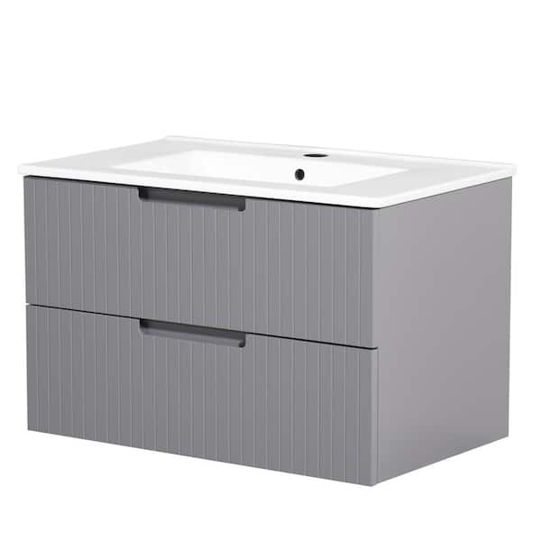 Tenleaf 30 in. W Single Sink Floating Bath Vanity in Gray with White Ceramic Top and 2 Drawers
