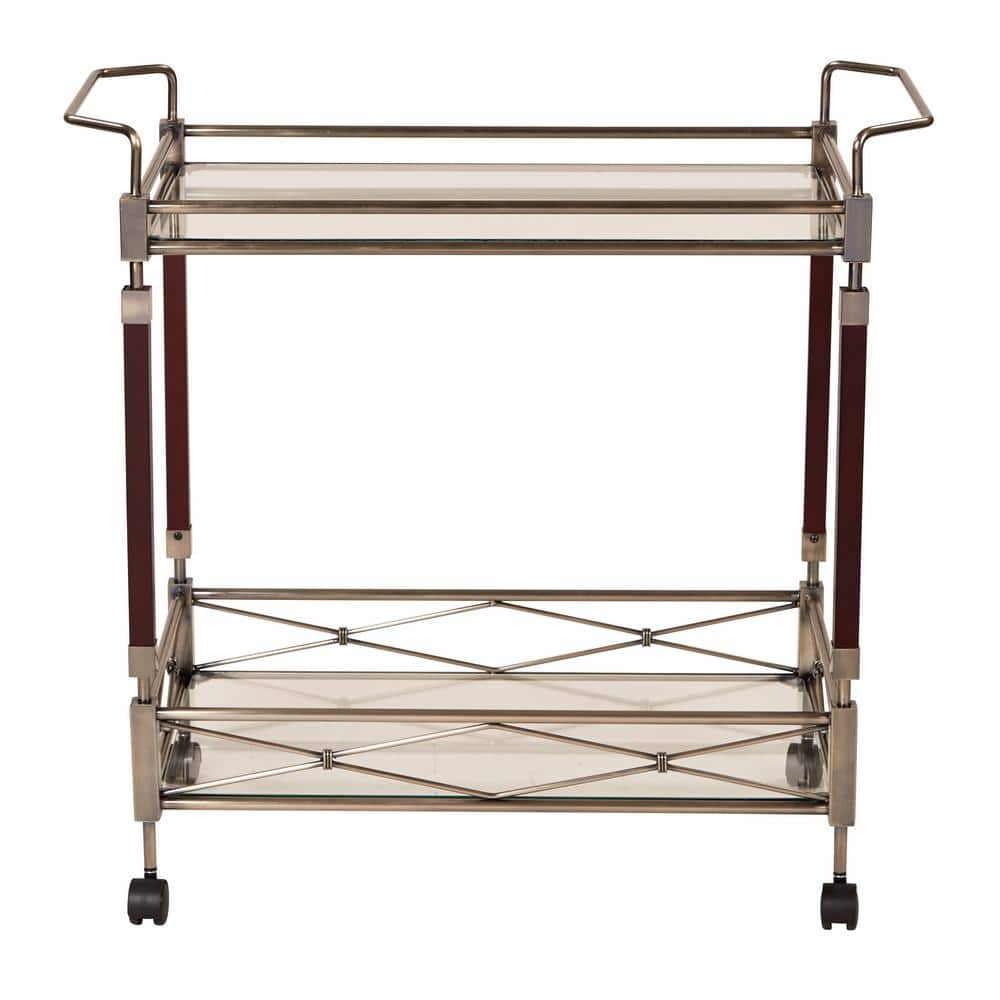 Walnut and Antique Brass Rectangular Serving Cart with Storage
