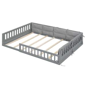 Gray Wood Frame Full Size Platform Bed with Pillows and Guardrails