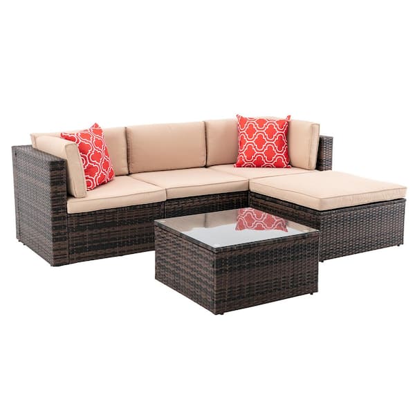 maocao hoom 5-Piece Wicker Patio Conversation Set with Beige Cushions