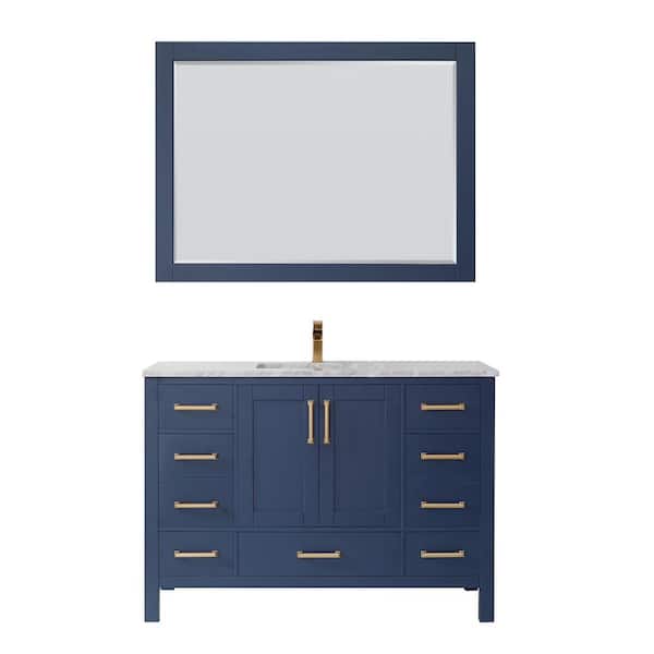 ROSWELL Shannon 48 in. Bath Vanity in Blue with Carrara Marble Vanity Top in White with White Basin and Mirror