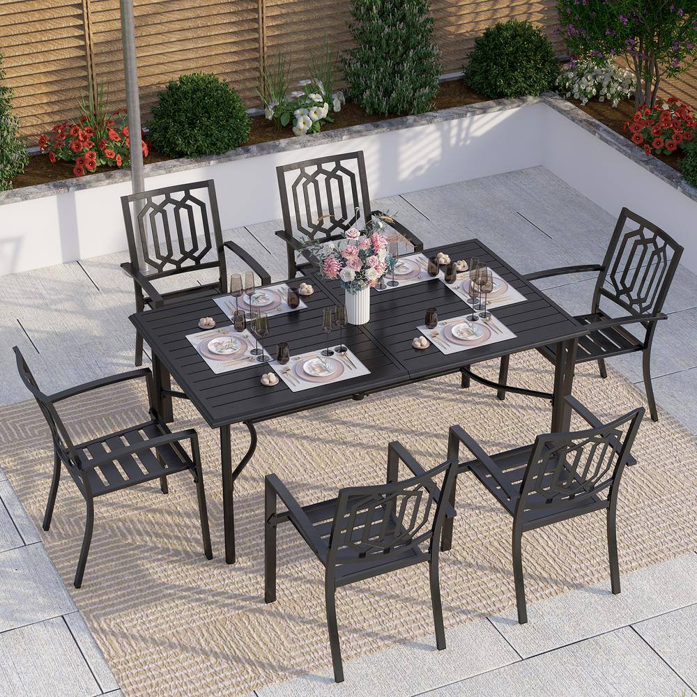 PHI VILLA Black 7-Piece Metal Outdoor Patio Dining Set with Rectangle ...