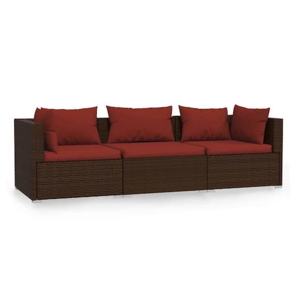 Benjara 3-Piece Brown and Red Wicker Rattan Outdoor Modular Sectional Sofa with 3-Cushion