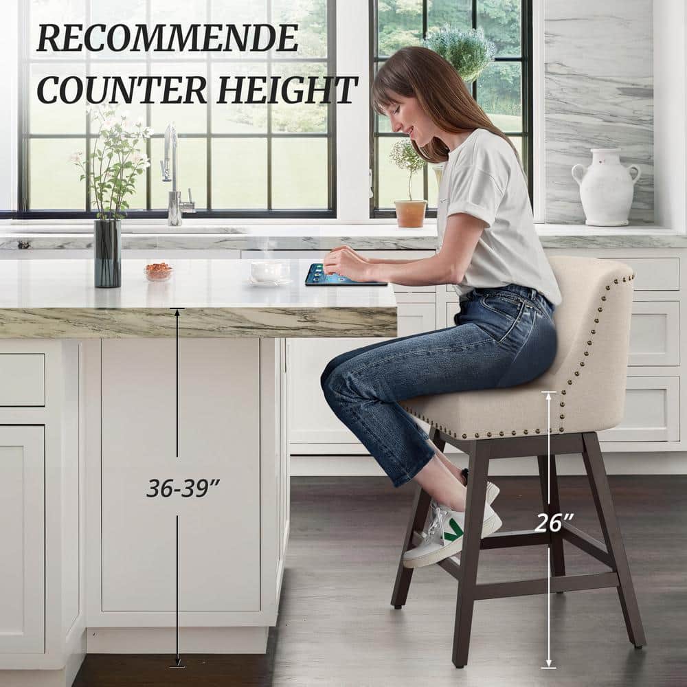 Off-White Linen Upholstered Swivel Counter Stools with Wood Legs, Set of 3